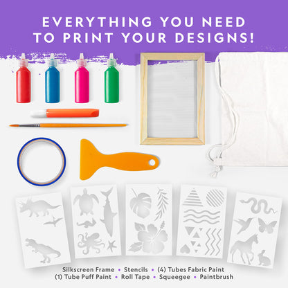 Kids Screen Printing Kit - Arts and Crafts Silk Screen Printing Kit with Fabric Paint, Frame, Stencils & Squeegee Plus Drawstring Bag & More, Screen Print, Silkscreening Kit