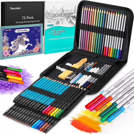 73 Pack Art Supplies Sketching Kit for Adults Kids Teen Gifts, School Supplies, Drawing Sketching Pencils with Sketchbook, Coloring Book, Colored Watercolor Metallic Graphite Charcoal Pencils