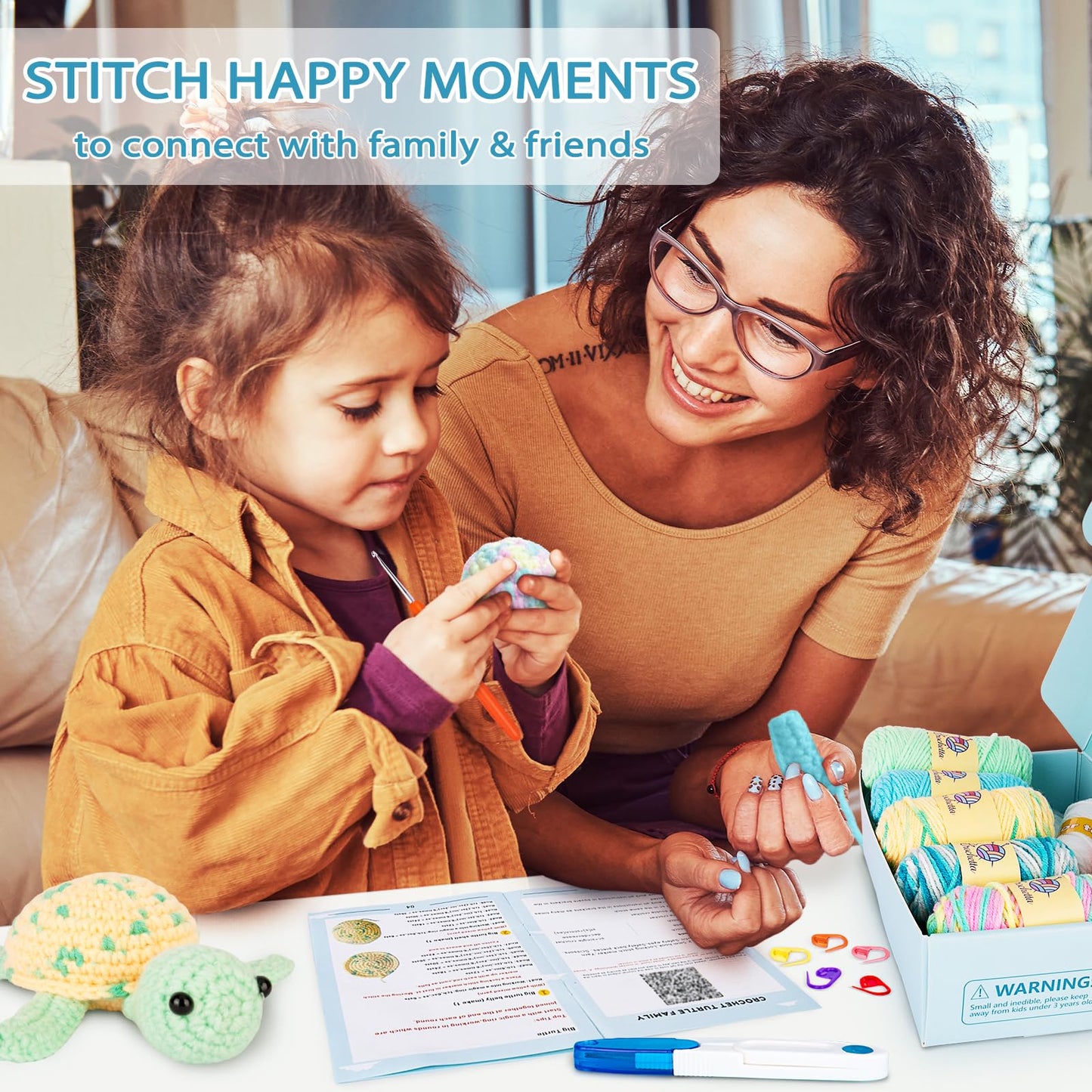 Crochet Kit for Beginners, Beginner Crochet Kit for Adults with Step-by-Step Video Tutorials, DIY Crochet Animal Kits Kids Knitting Supplies, 3 Pack Turtle Family (40%+ Yarn)