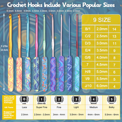 Warm Crochet Hooks Comfort Grip, Pretty Starry Night Art Handle Crochet Set for Beginners, Longer Aluminum Shaft Crochet Hook Set 2.0mm-6.0mm, Smooth Crochet Needles Set for Crochet Yarn