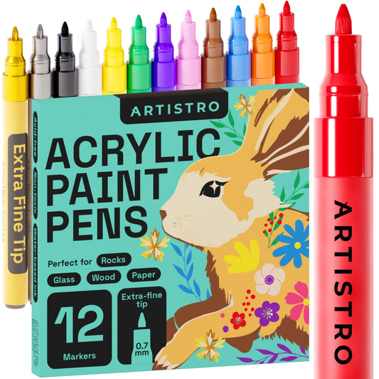 12 Acrylic Paint Markers, Acrylic Paint Pens, Fabric Markers for Textile, Rock, Glass, Wood, Paper, Ceramic, Canvas DIY Art Supplies Kit for Kids and Adults (Extra Fine Tip, 12)