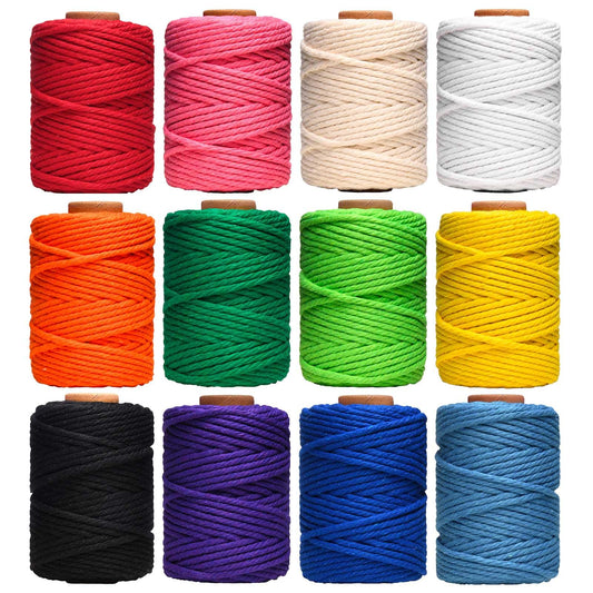 Macrame Cord, 3mm x 396 Yards Natural Cotton Twine, 12 Rolls 4 Strand Colored Macrame String, Colorful Cotton Rope for DIY Crafts Knitting, Artworks, Wall Hanging, Plant Hangers