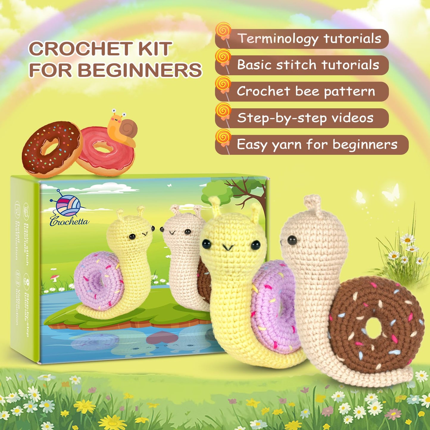 Crochet Kit for Beginner, Crochet Starter Kit w Step-by-Step Video Tutorials, Learn to Crochet Kits for Adults & Kids, DIY Knitting Supplies, 2-Pack Snail Couple (40%+ Yarn Content)