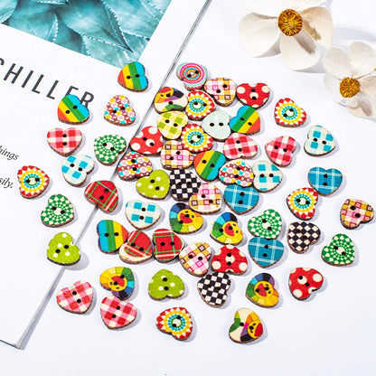 100pcs 13mm Heart Wooden Buttons 2 Holes Colorful Printed Heart Buttons for Sewing Fasteners Scrapbooking Crafts Crochet Manual Button Painting Handmade Ornament DIY Projects 1.5mm Hole