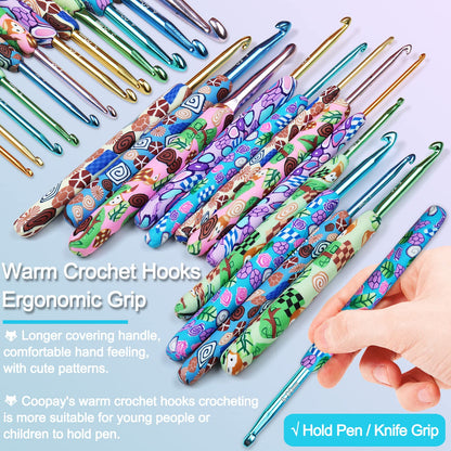 Warm Crochet Hooks Crocheting, Extra Long Crochet Hook Set for Arthritic Hands, 2.25mm to 8.0mm, 12 pcs Crochet Kit Ergonomic Grips for DIY Craft Yarn, Animal Pattern