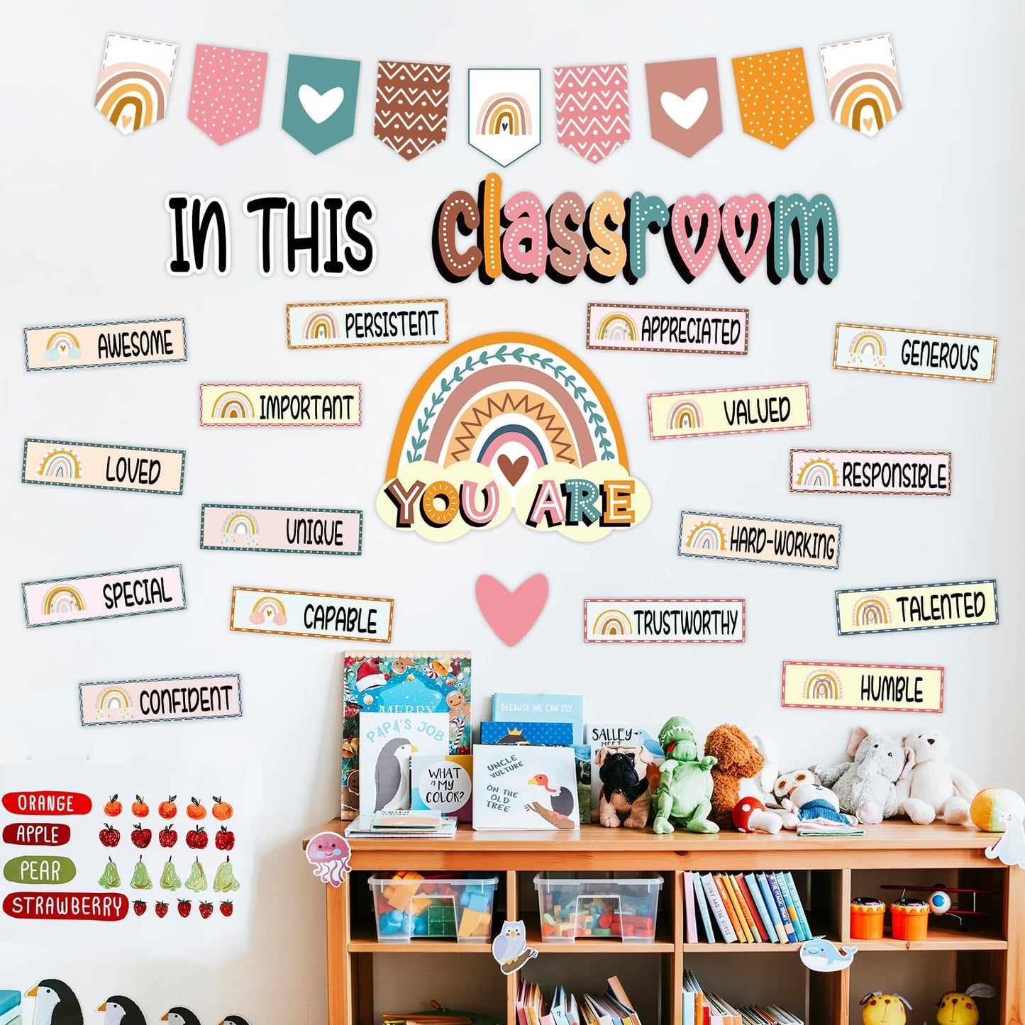 32pcs Classroom Bulletin Board Decorations Set - Boho Rainbow Motivational Words Cutouts Bulletin Decorations for Teachers School Classroom Bulletin Board