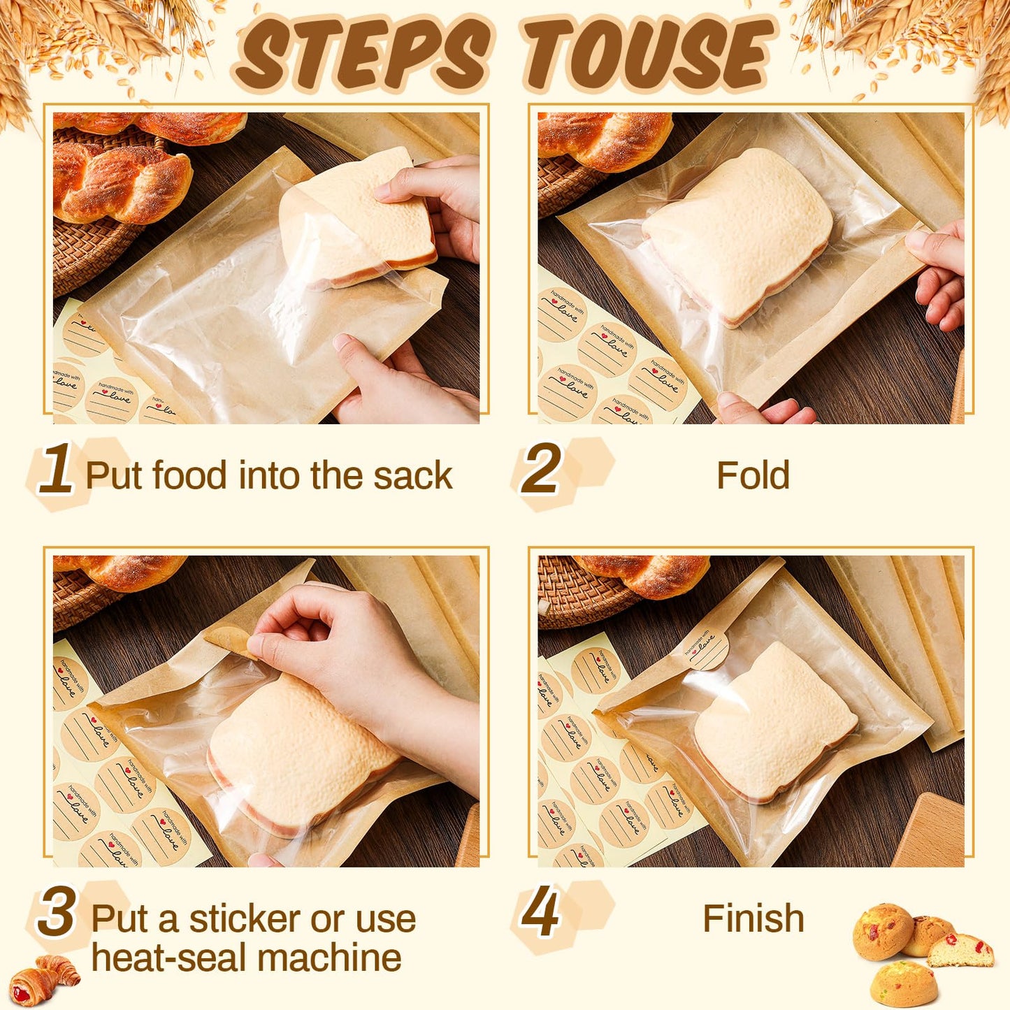 100 Pcs Heat Sealable Cookie Bags with Window Grease Resistant Kraft Bakery Pastry Bags with Paper Stickers for Packaging Donut Bread Cookie Goods Sandwich Baked Treat (7.1 x 7.5 Inch)