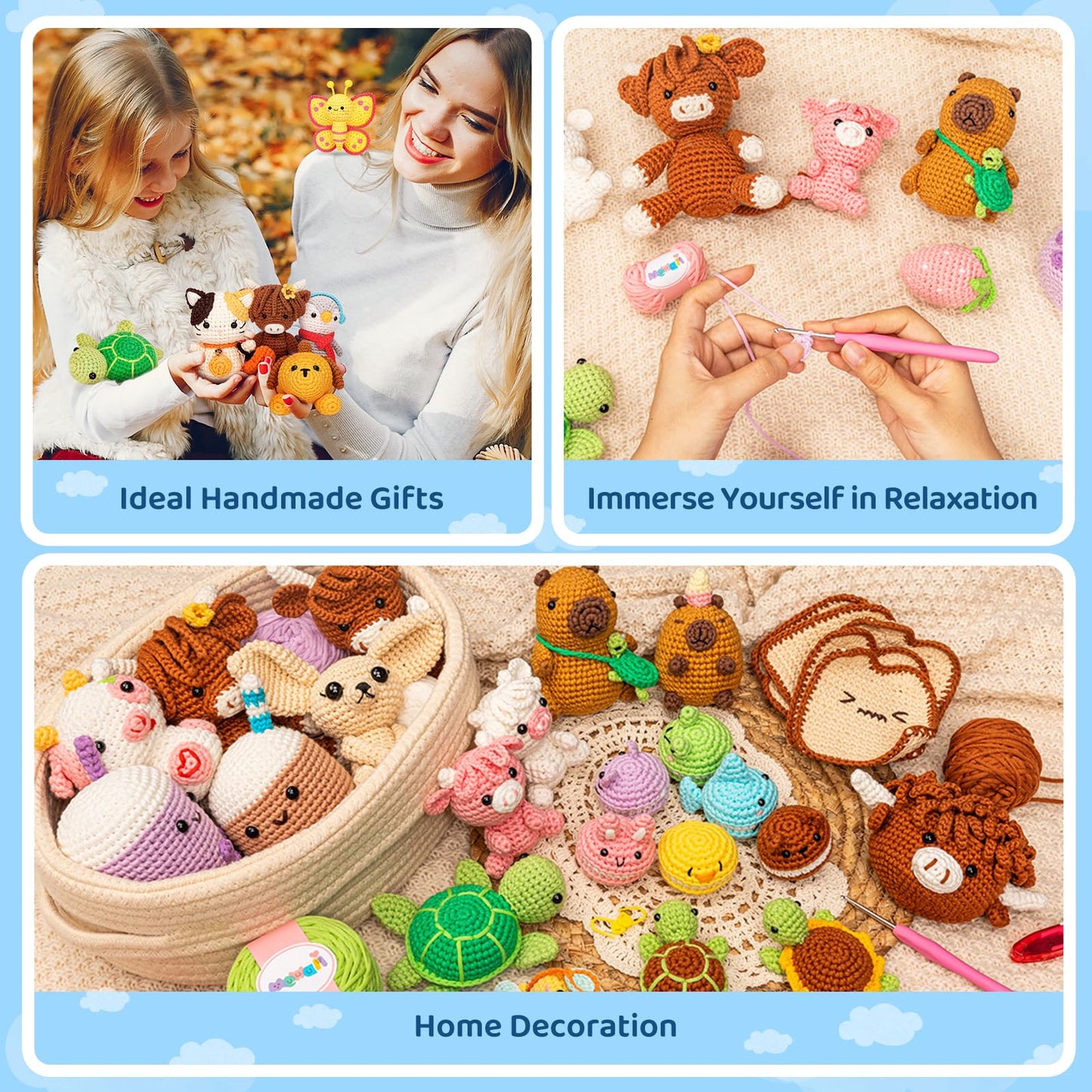 Beginner Crochet Kit with 40% Extra Yarn, Pre-Started Yarn & Video Tutorials - 3 Sea Turtles Craft Set for Adults & Kids