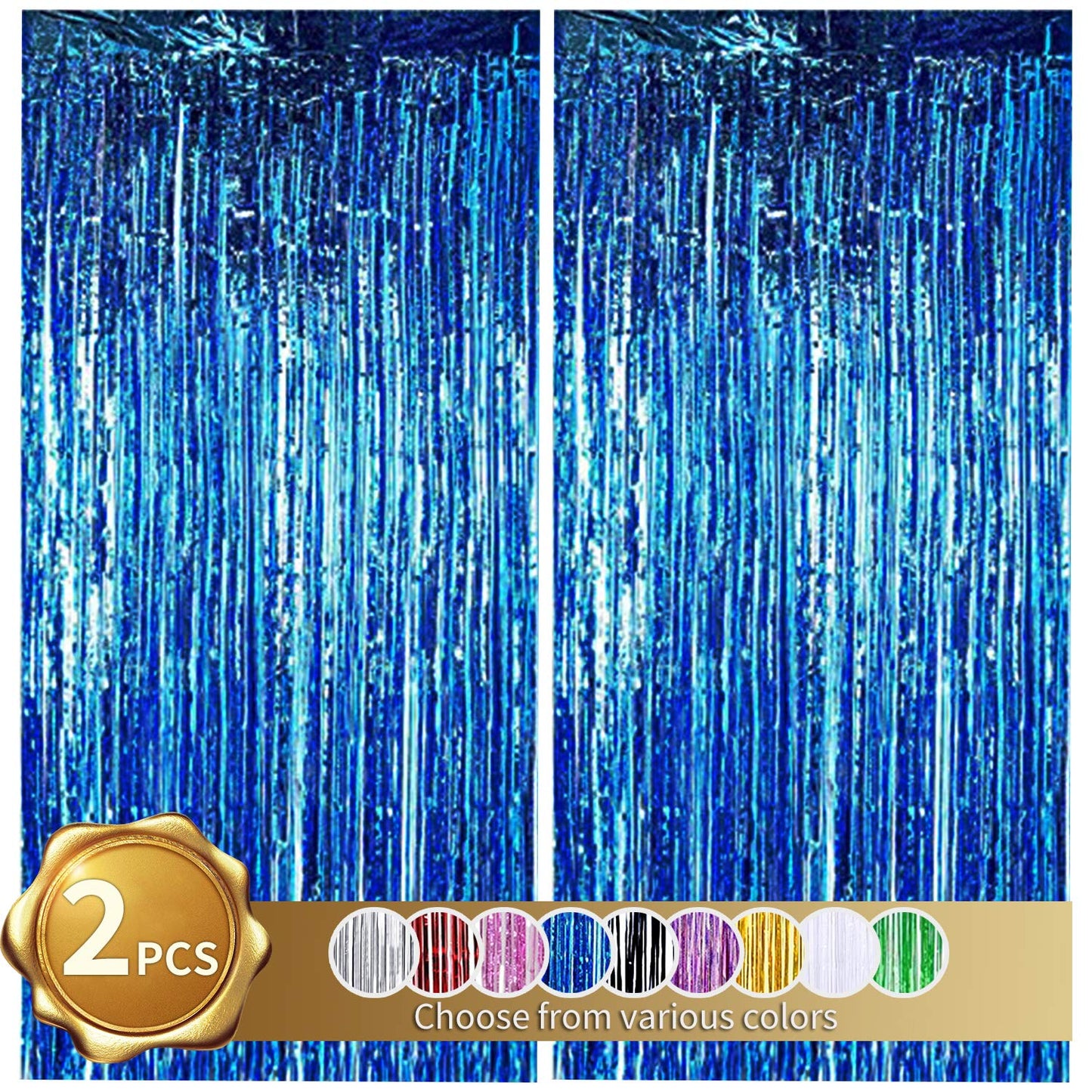 2 Pcs Blue Door Streamers Tinsel Curtain Party Backdrop Fringe Foil Wall Background for Birthday Halloween Christmas Wedding Boys Baby shower Party Decoration(3.28 ft x 6.56 ft)