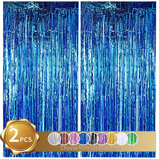 2 Pcs Blue Door Streamers Tinsel Curtain Party Backdrop Fringe Foil Wall Background for Birthday Halloween Christmas Wedding Boys Baby shower Party Decoration(3.28 ft x 6.56 ft)