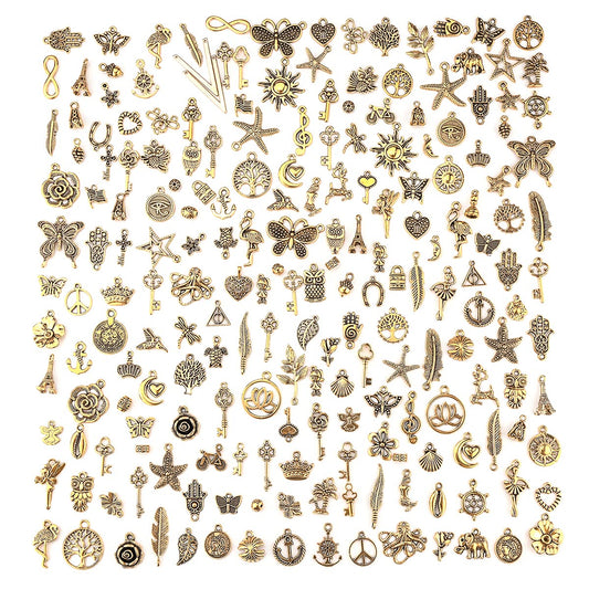 200Pcs Tibetan Antique Gold Charm Mixed Pendants DIY for Bracelet Necklace Jewelry Making and Crafting
