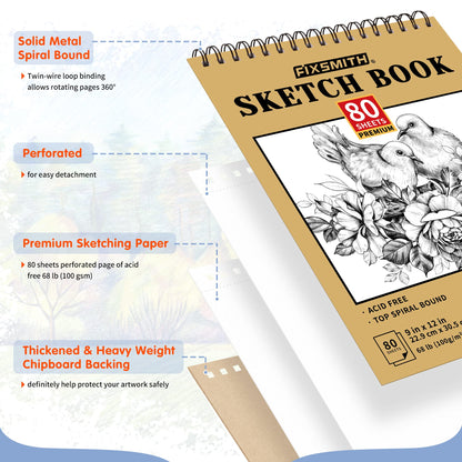 9"X12" Sketch Book | 160 Sheets (68 lb/100gsm) | 2 Pack Sketchbooks | Top Spiral Bound Artist Sketch Pad | Acid Free Drawing Pad | Ideal for Kids,Beginners,Artists &Painters | Bright White