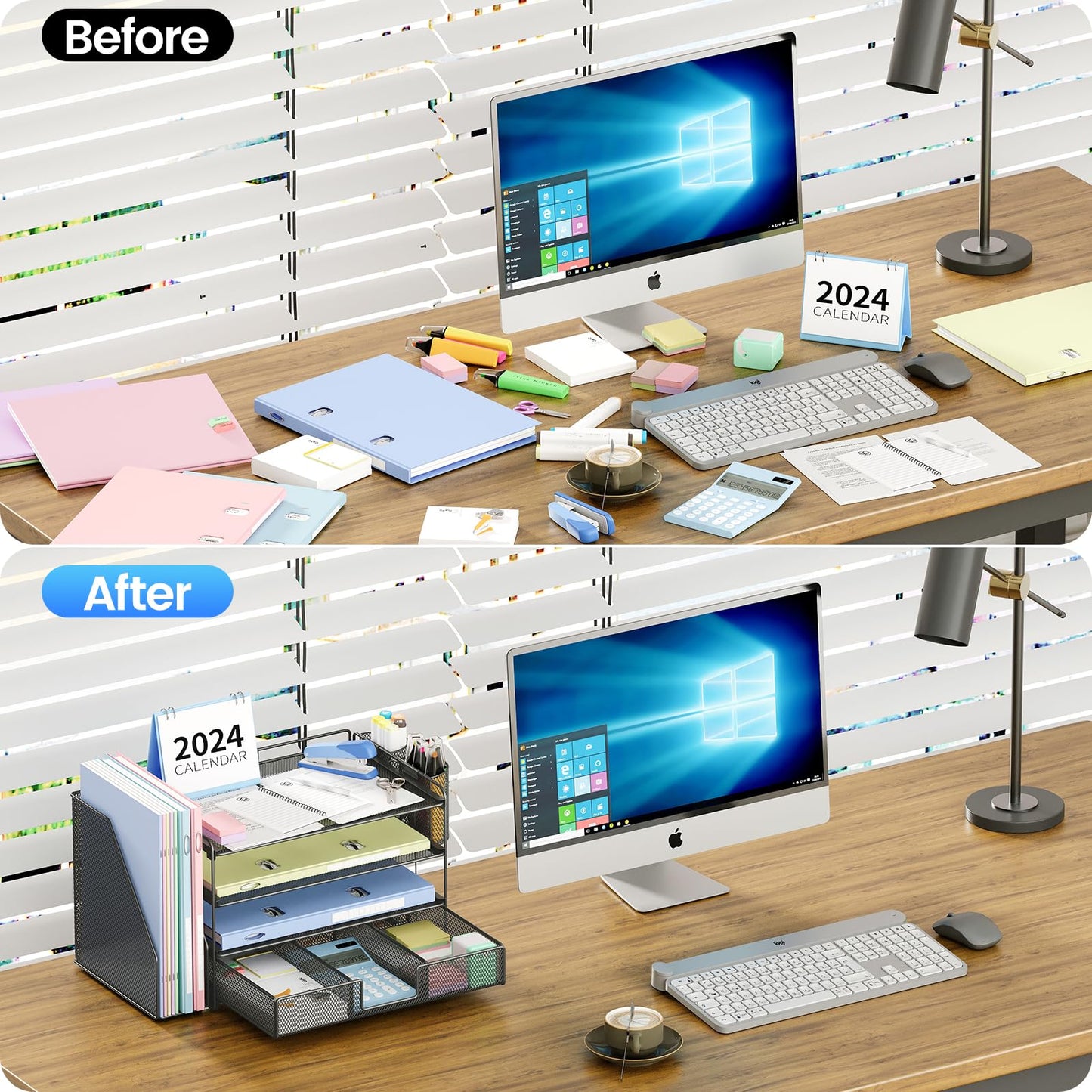 Desk Organizer and Accessories, 4-Tier Desktop File Organizer with Drawer and 2 Pen Holders, Office Desk Accessories for Office Supplies(Black)