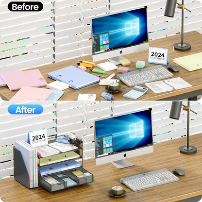 Desk Organizer and Accessories, 4-Tier Desktop File Organizer with Drawer and 2 Pen Holders, Office Desk Accessories for Office Supplies(Black)