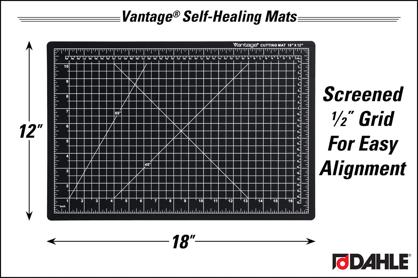 Vantage 10671 Premium Self-Healing Cutting Mat, 12"x18", 1/2" Grid, 5 Layers for Max Healing, Perfect for Crafts & Sewing, Black