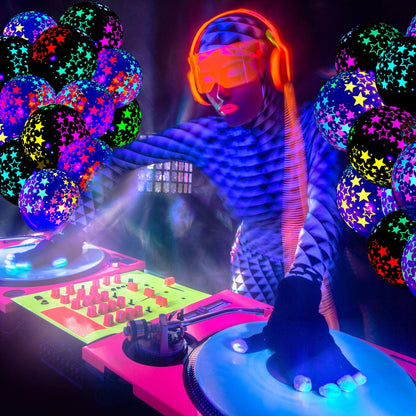 50 Pieces Neon Glow Balloons Neon Stars Glow in Blacklight Black Light Fluorescent Mini Stars Party Latex Balloons for Birthday Wedding Arch Party Decoration(Black, Clear)