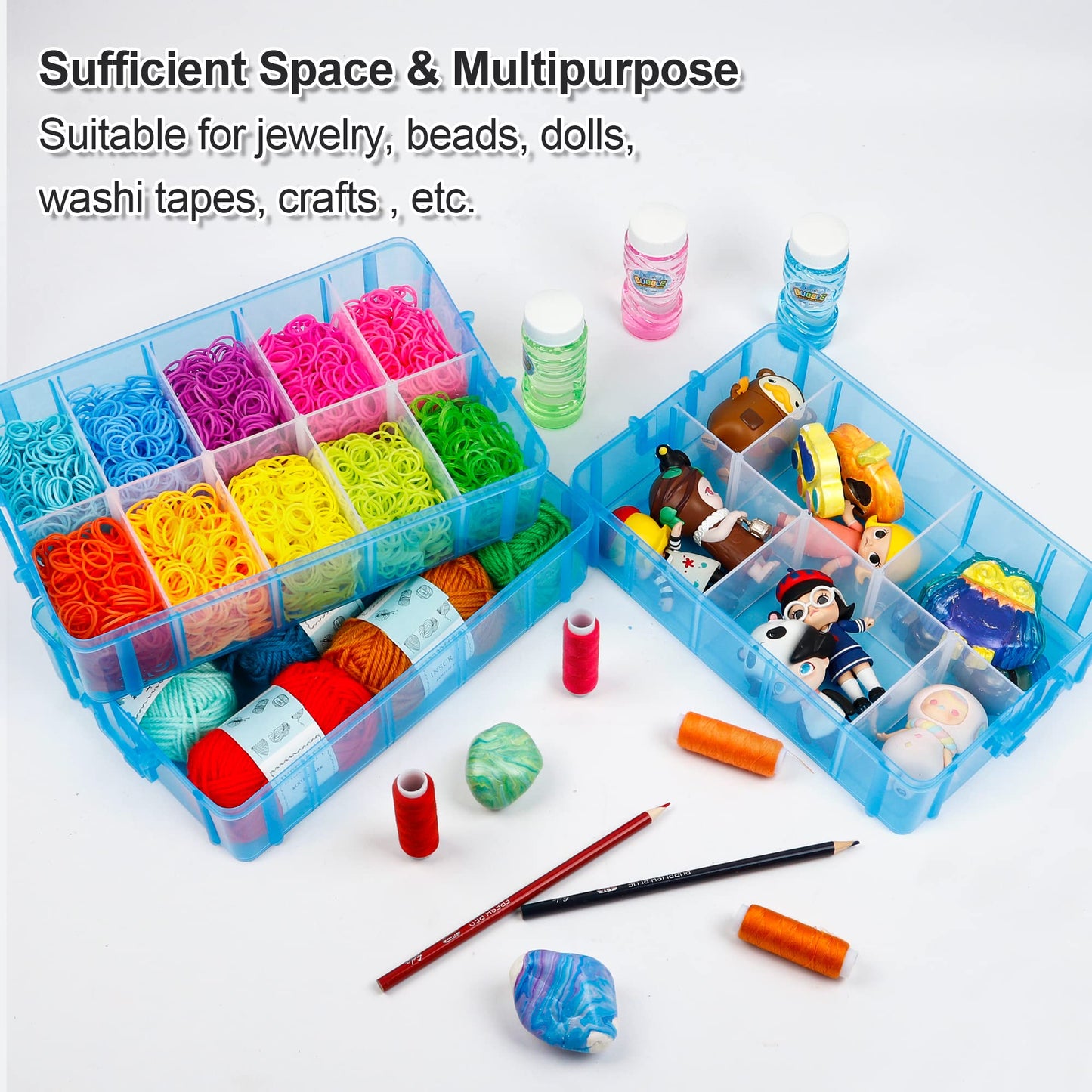 7 Layers Stackable Storage Container, 70 Adjustable Compartments (Blue) Stackable Storage Container, Perfect for Kids Toys, Art Crafts, Jewelry, Supplies, Mini Case & Letter Sticker Included