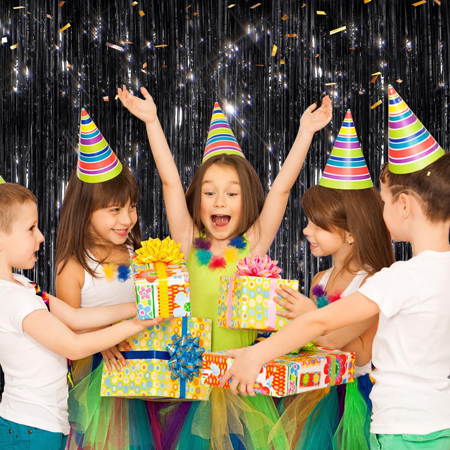 2 Pack Black Metallic Tinsel Foil Fringe Curtains, Door Streamers Photo Booth Backdrop for Birthday Party, Tinsel Curtain Backdrop for Baby Shower Bachelorette Christmas Party Decorations