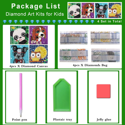 Diamond Painting Kits for Kids, 4Pcs Kids Diamond Art Animal 5D Diamond Gem Art by Number Dotz Kits Art and Crafts for Kids Ages 6-8-10-12 Girls Boys for Birthday Halloween