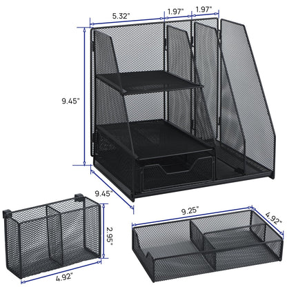 Desk Organizer, File Organizer for Desk with 2-Tier Paper Letter Tray, Drawer and 2 Pen Holder, Mesh Desktop Organization with Magazine Holder for Office Supplies