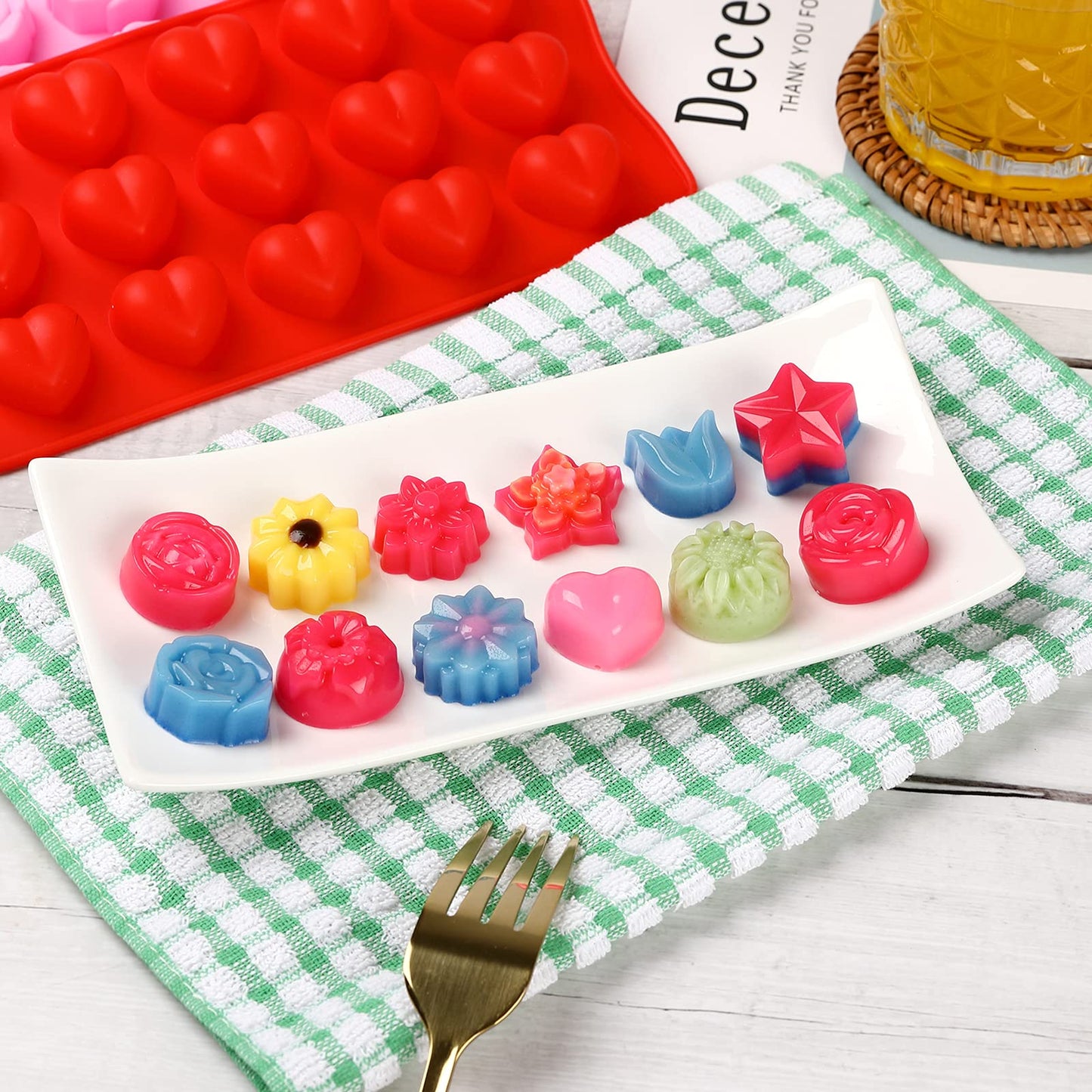 Flower Shape Chocolate Candy Molds Set,Heart,The stars,The rose,Flowers in Combination,15 Cavity Silicone Baking Mold Ice Cube Tray-Wedding,Festival,Parties and DIY Crafts-(6Pcs)