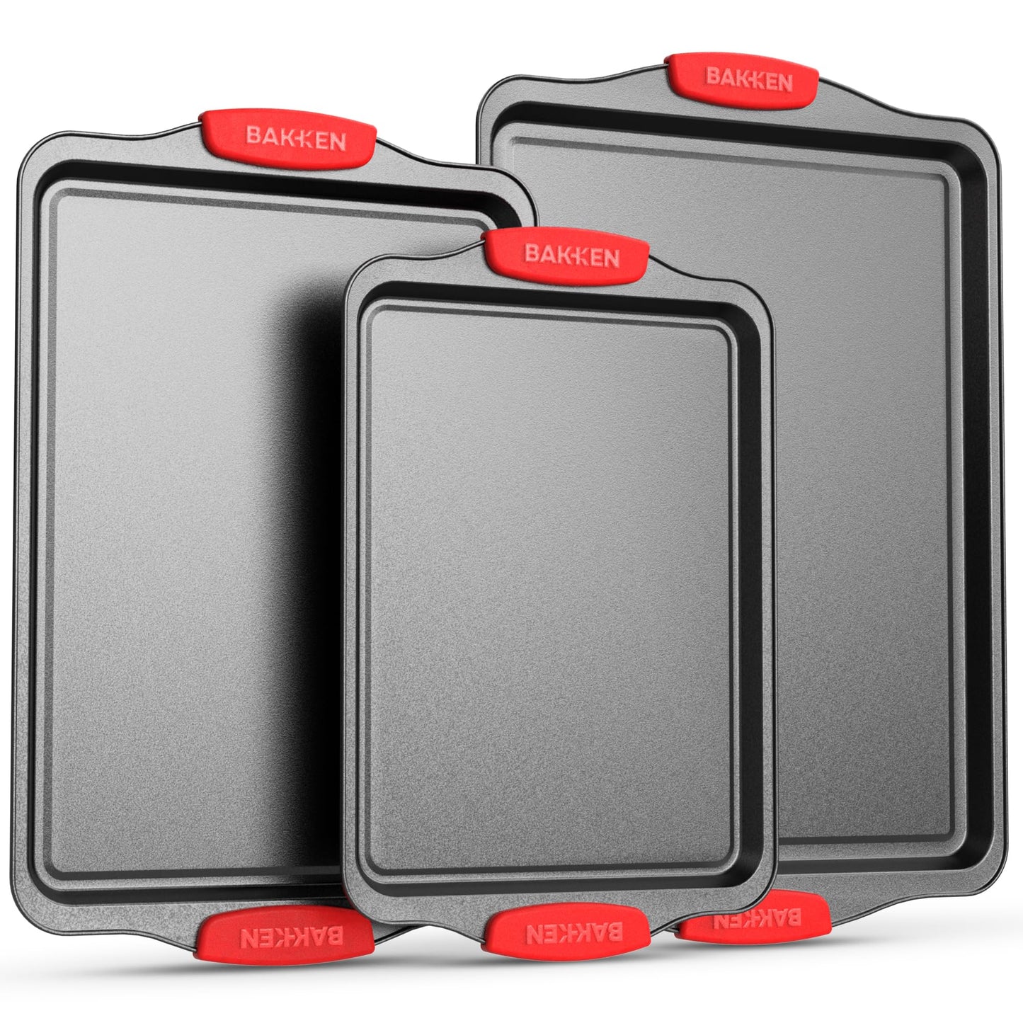 Baking Pan Set – 3 Piece Cookie Sheet – Deluxe Black Non-Stick Carbon Steel – Silicone Handles – Commercial Grade Restaurant Quality – PFOA PFOS and PTFE Free by Bakken