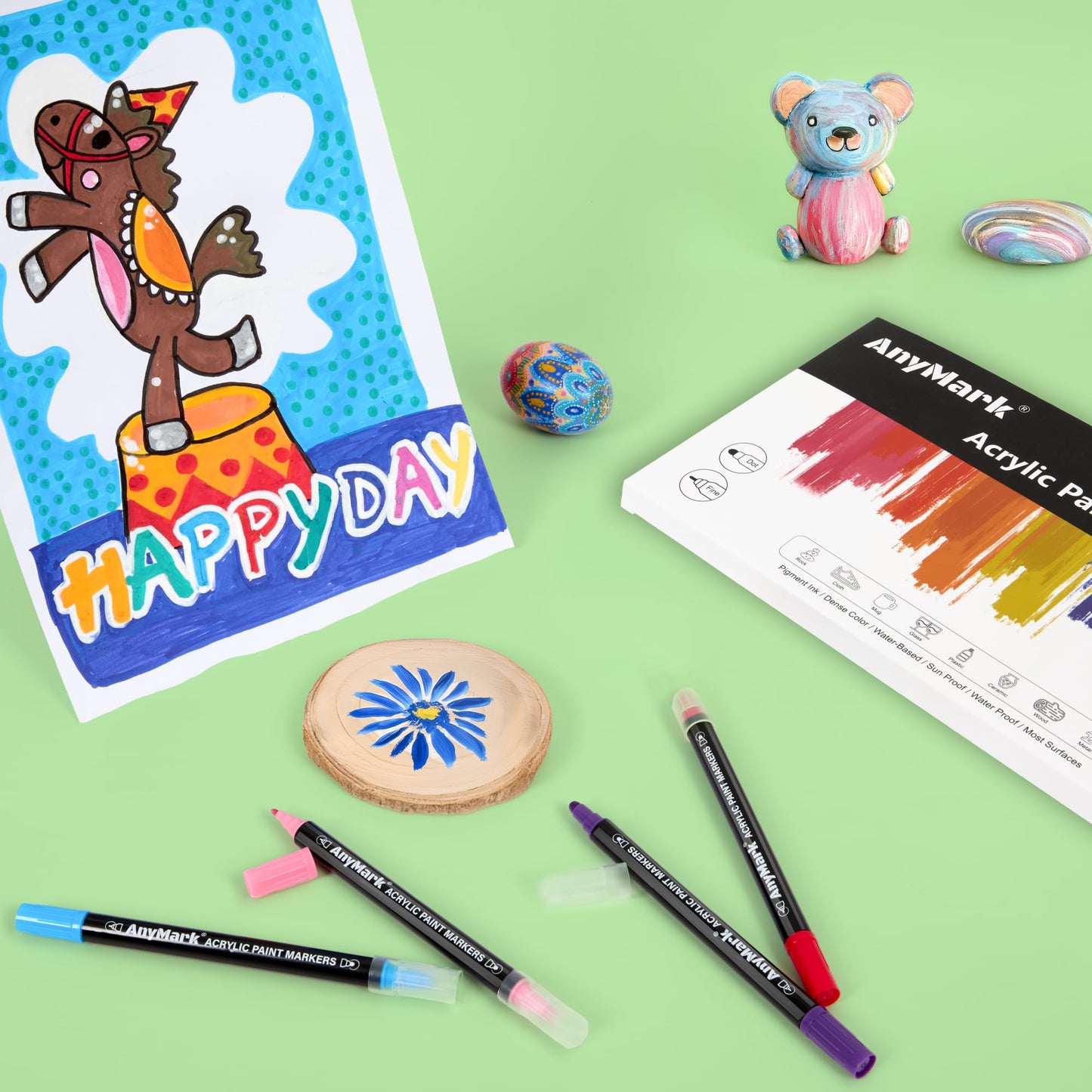 24 Colors Acrylic Paint Markers, Dual Tip Premium Acrylic Paint Pens for Stone, Wood, Calligraphy, Canvas, Ceramic, Metal, Glass, Rock Painting, DIY Crafts