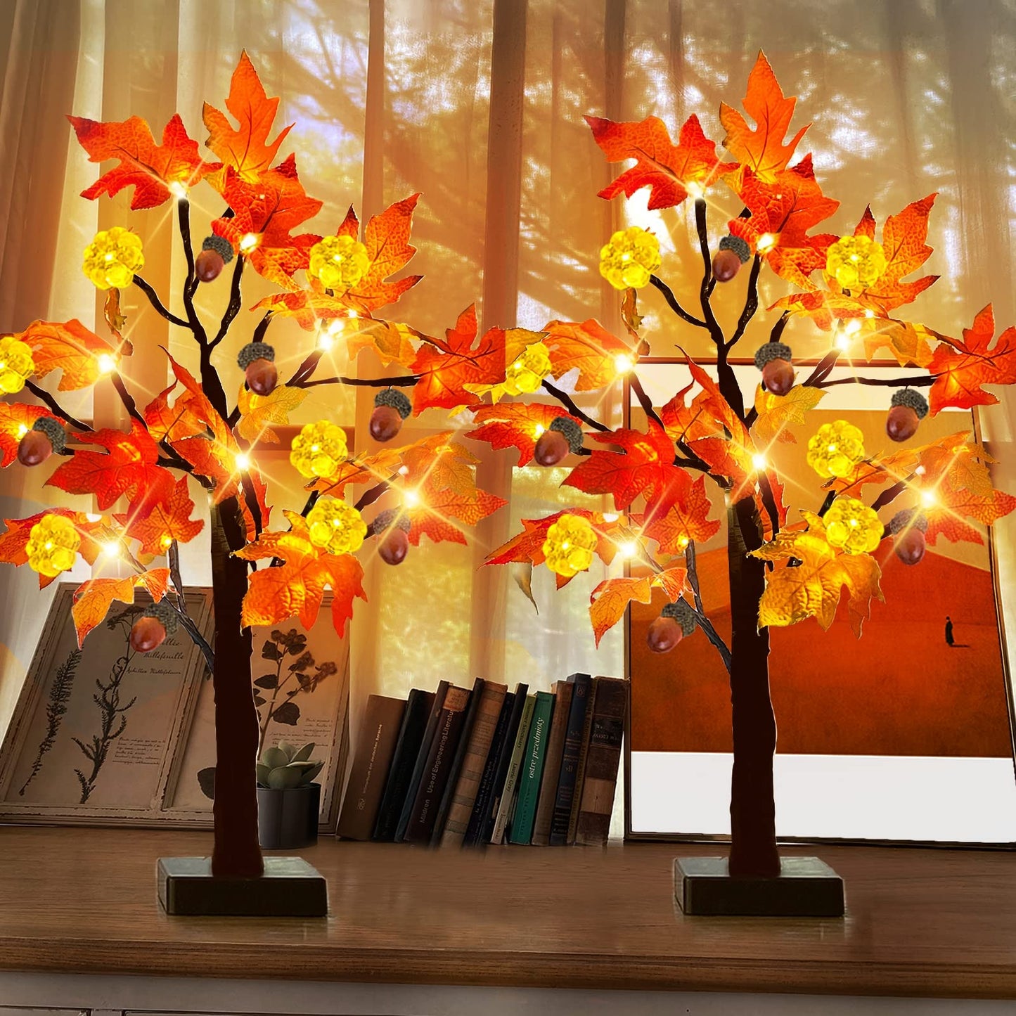 [ 2 Pack & Timer ]   24 Inch Lighted Maple Tree Fall Decor, Total 48 LED Battery Operated Tabletop Artificial Tree Design Patent Pumpkin & Acorn Thanksgiving Halloween Decoration Home Indoor