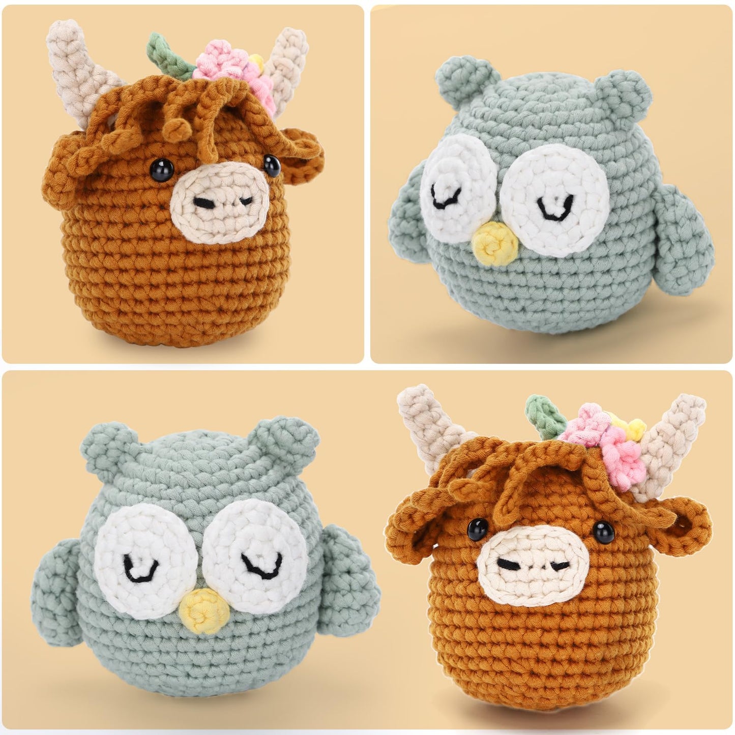 Crochet Box Crochet Kit for Beginner, Highland Cow and Owl Learn How to Crochet Stuffed Animals Gift for Adults and Kids(12+), Knitting Set with Yarn Hook Stitch-by-Stitch Video Tutorial