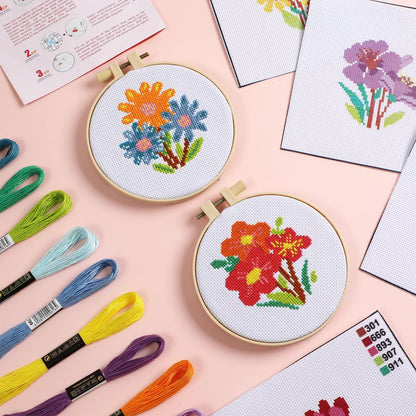 6PCS Spring Summer Themed Flower Cross Stitch Kits for Beginners DIY Embroidery Kit for Kids Adults Mother's Day Gift Birthday Gift Needlepoint Patterns with 2 Embroidery Hoops Craft Supplies