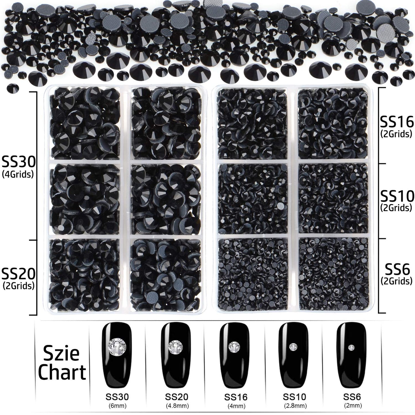 6400 Pieces Hotfix Rhinestones Black Flat Back 5 Mixed Sizes Crystal Round Glass Gems with Tweezers and Picking Rhinestones Pen