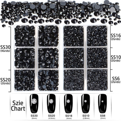 6400 Pieces Hotfix Rhinestones Black Flat Back 5 Mixed Sizes Crystal Round Glass Gems with Tweezers and Picking Rhinestones Pen