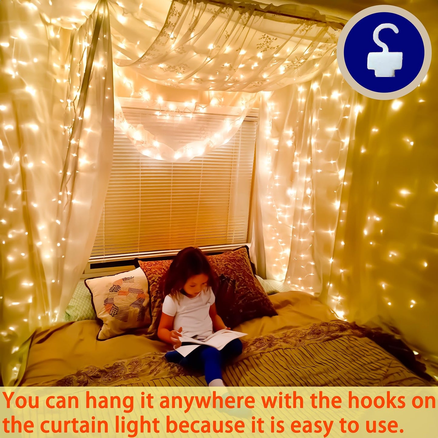 2 Pack Warm White 300 LED Curtain Lights, 9.8ft x 9.8ft Fairy Lights with 8 Modes, String Hanging Lights, Remote Control, Perfect for Indoor/Outdoor Christmas, Wedding, Party Wall Decorations