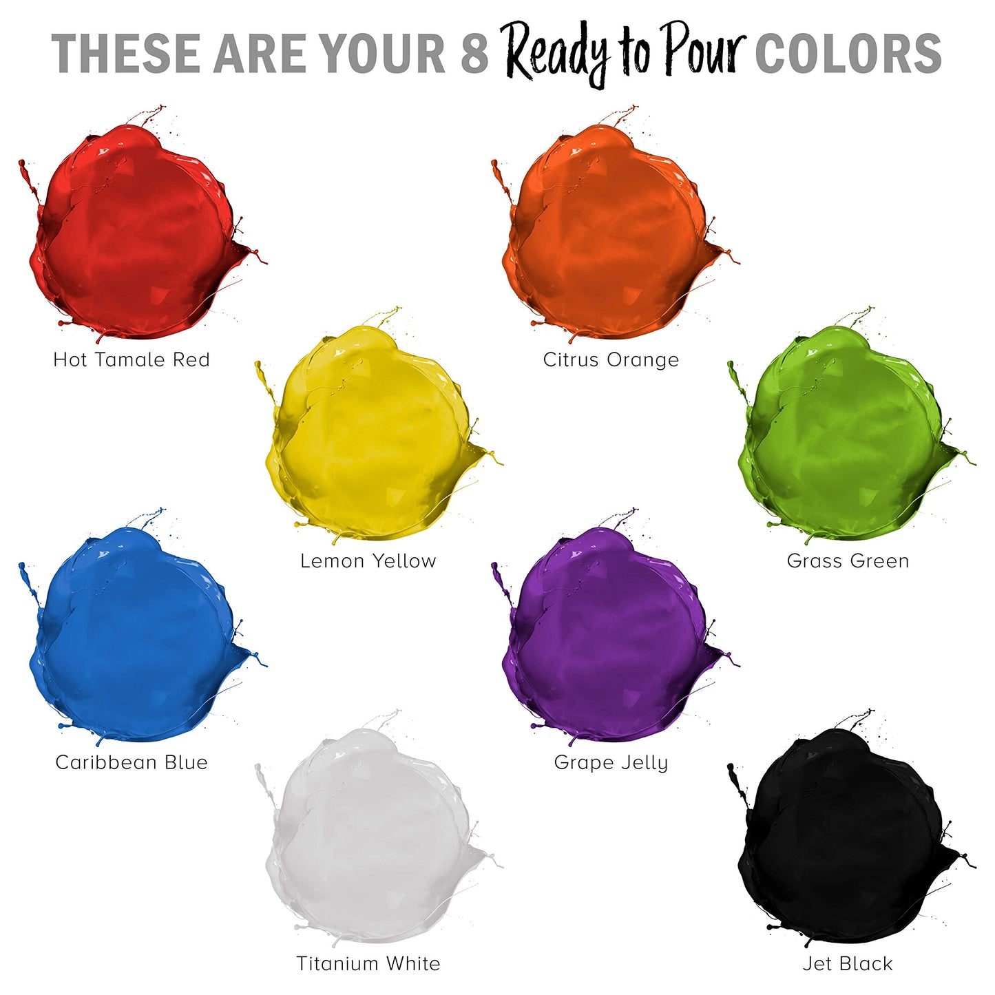 Pouring Masters 8 Color Ready to Pour Acrylic Pouring Paint Set - Premium Pre-Mixed High Flow 2-Ounce Bottles - for Canvas, Wood, Paper, Crafts, Tile, Rocks and More