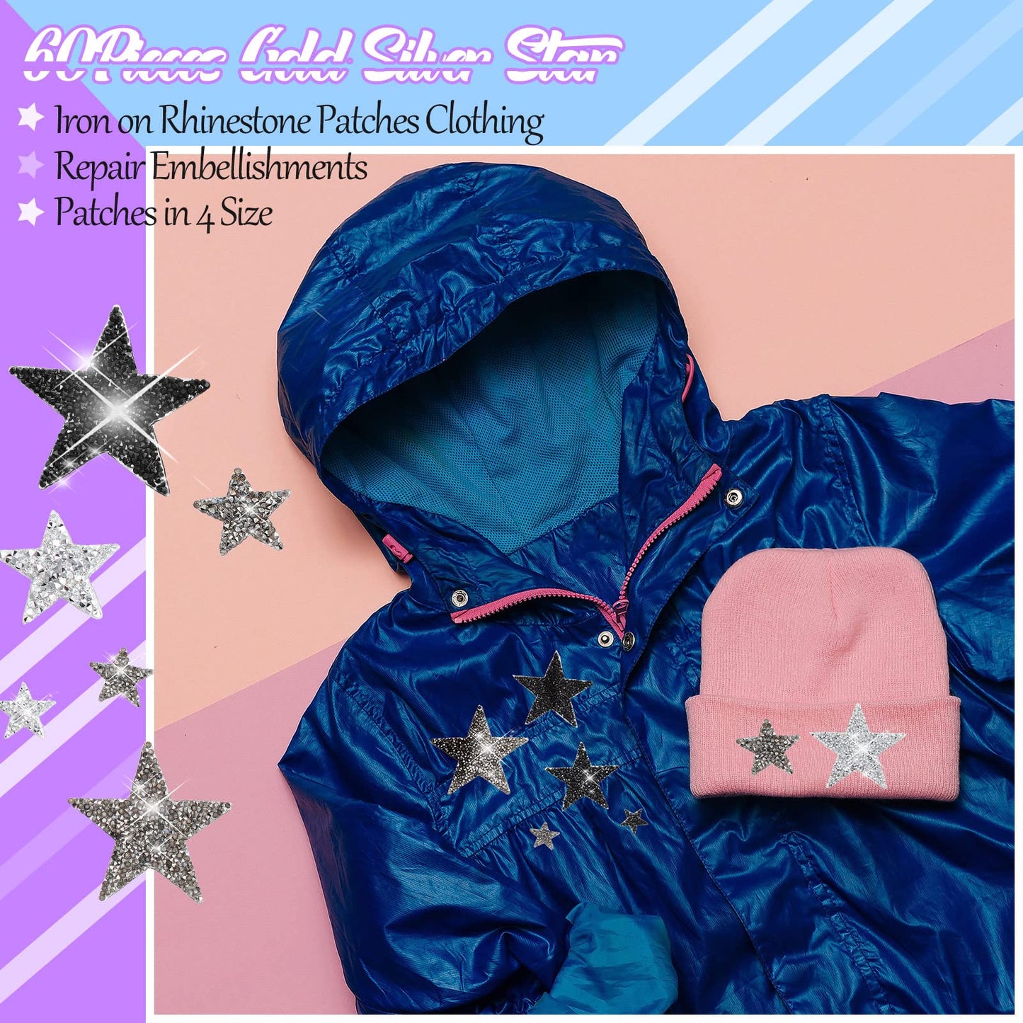 60 Pcs Iron on Star Patches Star Shaped Rhinestone Appliques Adhesive Glitter Patches Rhinestone Appliques Embellishments for DIY(Black, Gray)