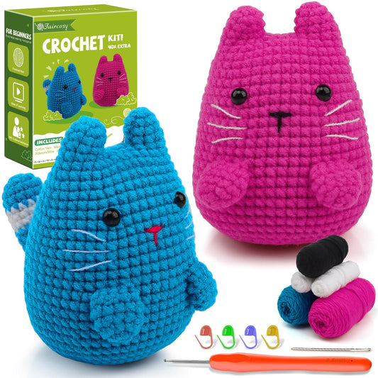 Crochet Kit for Beginners Crocheting: Crochet Animal Kits for Kids & Adults - Learn to Knitting Cat Amigurumi Starter Kit with Detailed Tutorial Video and Instructions (40%+ Yarn Extra)