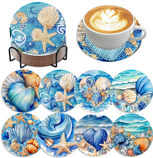 8 PCS Diamond Art Coasters Ocean Diamond Painting Coasters Kits Ocean Animals with Holder DIY for Beginners, Adults, Diamonds Art Crafts Supplies 4x4 in
