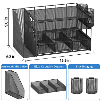 Desk Organizer and Accessories, 4-Tier Desktop File Organizer with Drawer and 2 Pen Holders, Office Desk Accessories for Office Supplies(Black)