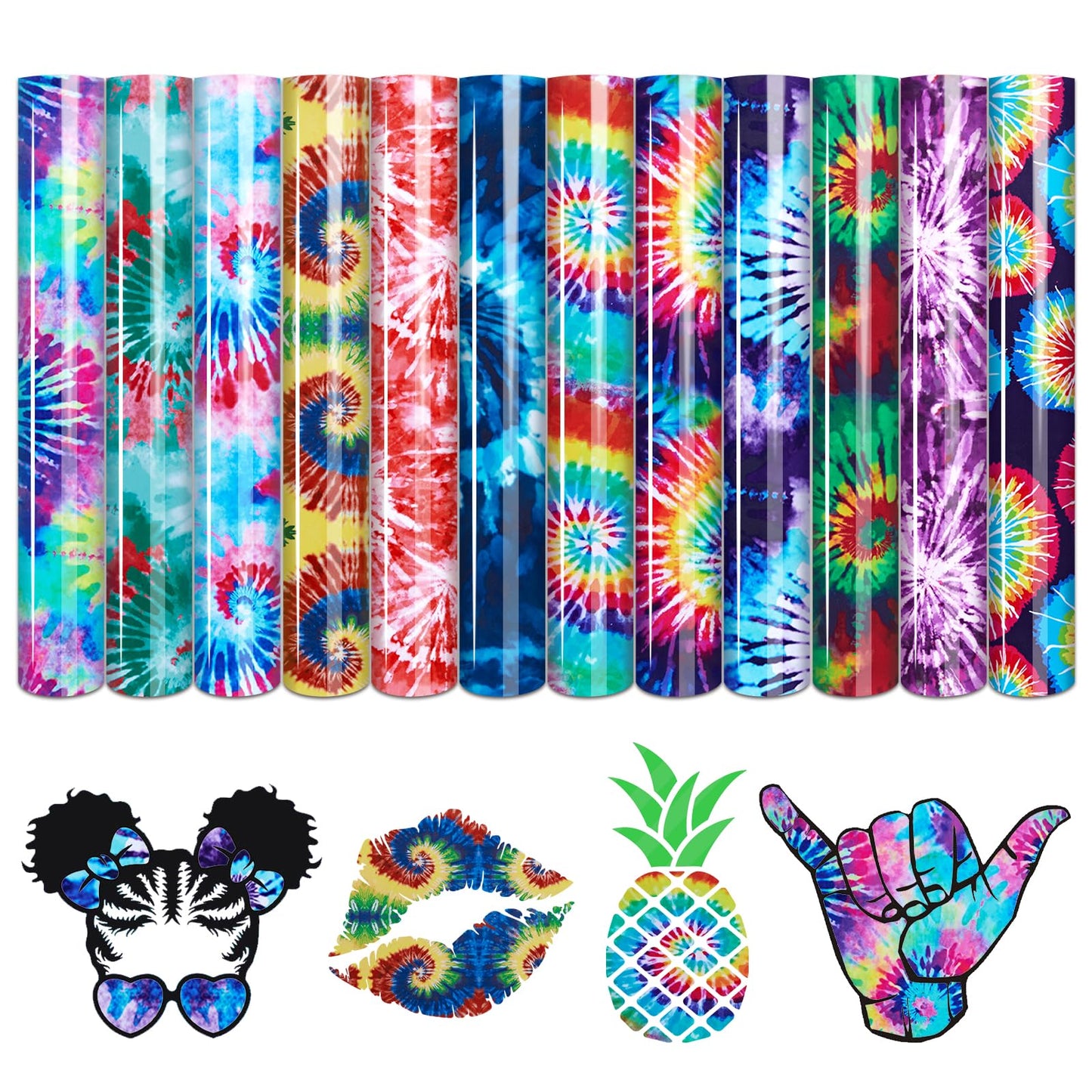Tie Dye HTV Heat Transfer Vinyl - 12 Sheets Bundle, 10x12 Inch, Watercolor Swirl Patterned HTV for T-Shirts, Compatible with Cricut or Silhouette Cameo