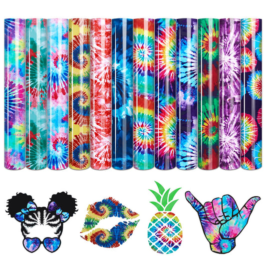 Tie Dye HTV Heat Transfer Vinyl - 12 Sheets Bundle, 10x12 Inch, Watercolor Swirl Patterned HTV for T-Shirts, Compatible with Cricut or Silhouette Cameo