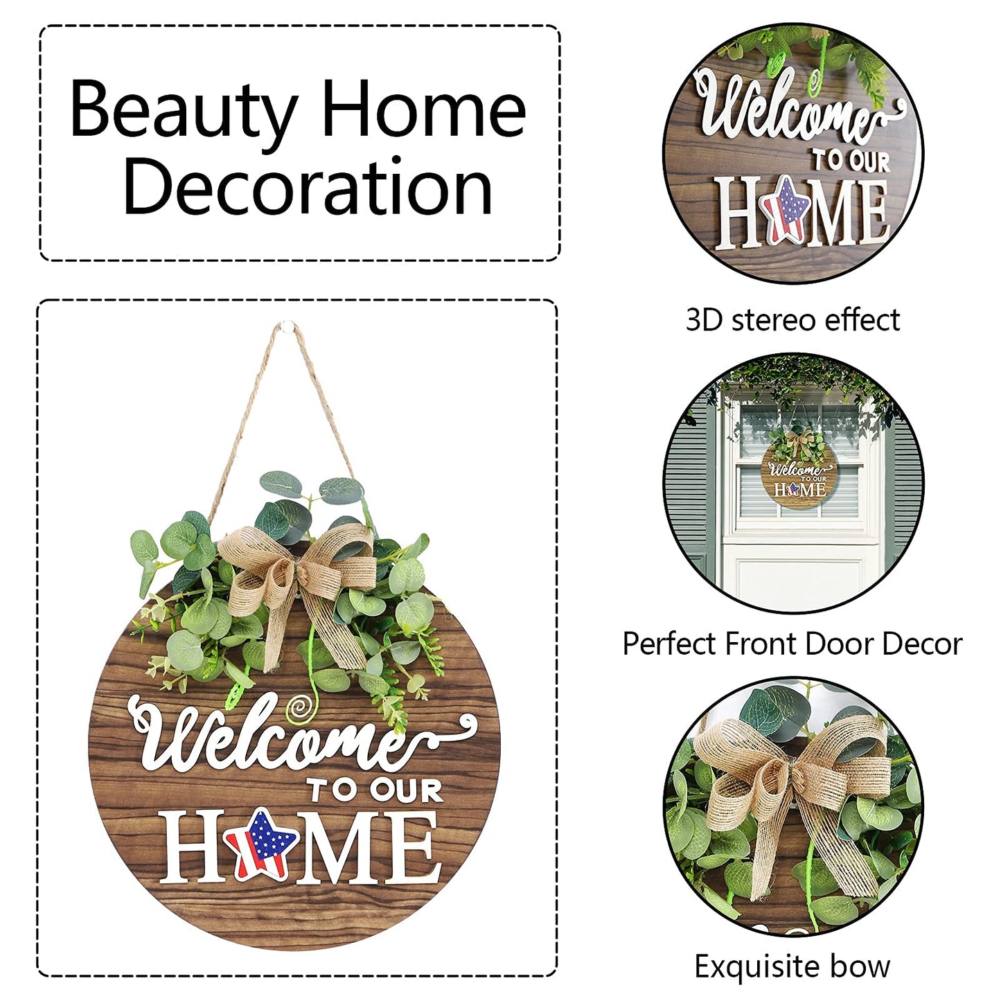 Seasonal Welcome Sign Front Door Decoration, Rustic Round Wood Wreaths Wall Hanging Outdoor, Farmhouse, Porch, for Spring Summer Fall All Seasons Holiday Halloween Christmas.