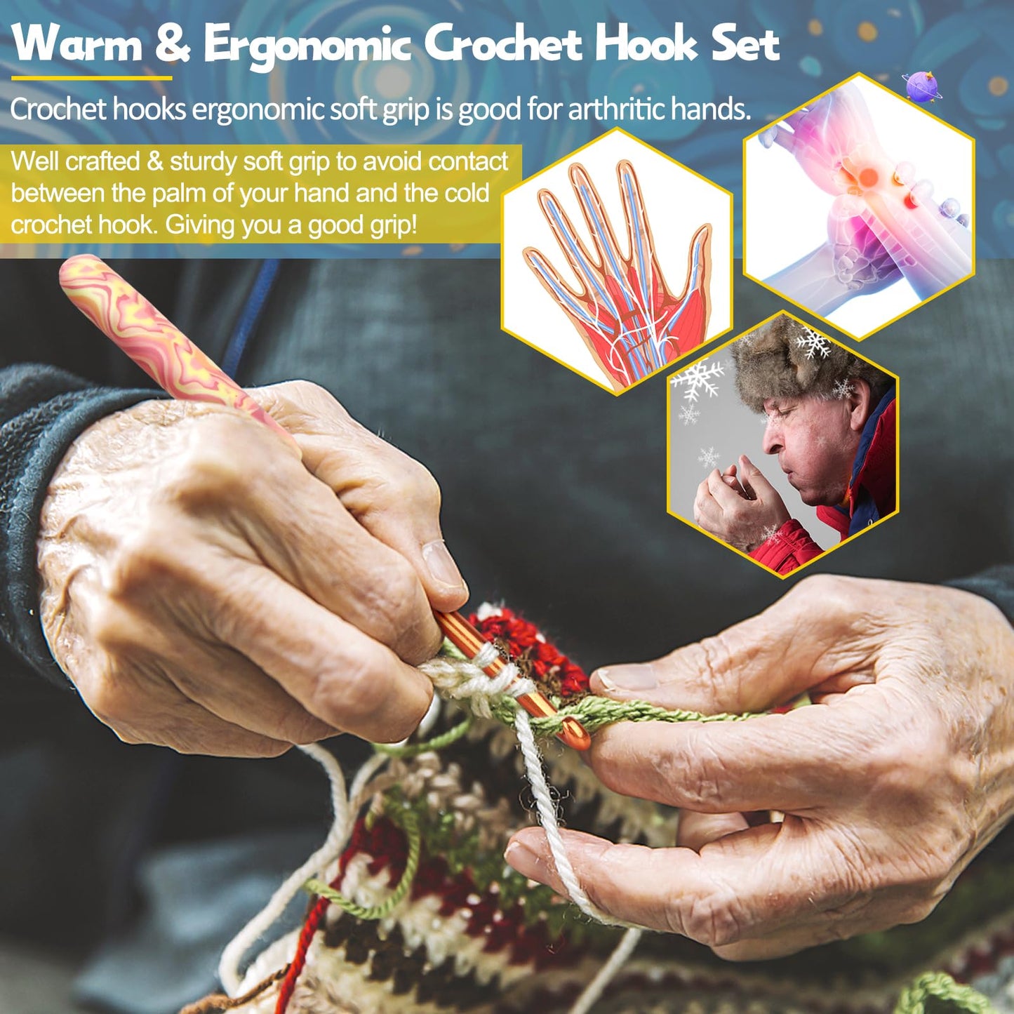 Warm Crochet Hooks Comfort Grip, Pretty Starry Night Art Handle Crochet Set for Beginners, Longer Aluminum Shaft Crochet Hook Set 2.0mm-6.0mm, Smooth Crochet Needles Set for Crochet Yarn