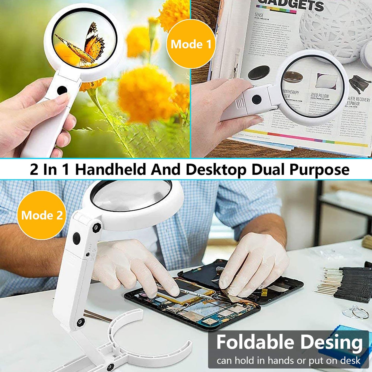 30X 10X Magnifying Glass with Light and Stand, Foldable Handheld Magnifying Glass & 2 Level Dimmable for Macular Degeneration, Seniors Reading, Close Work, Coins, Jewelry, Powered by Battery or USB