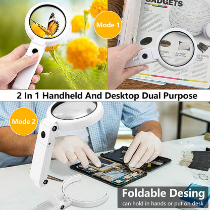 30X 10X Magnifying Glass with Light and Stand, Foldable Handheld Magnifying Glass & 2 Level Dimmable for Macular Degeneration, Seniors Reading, Close Work, Coins, Jewelry, Powered by Battery or USB