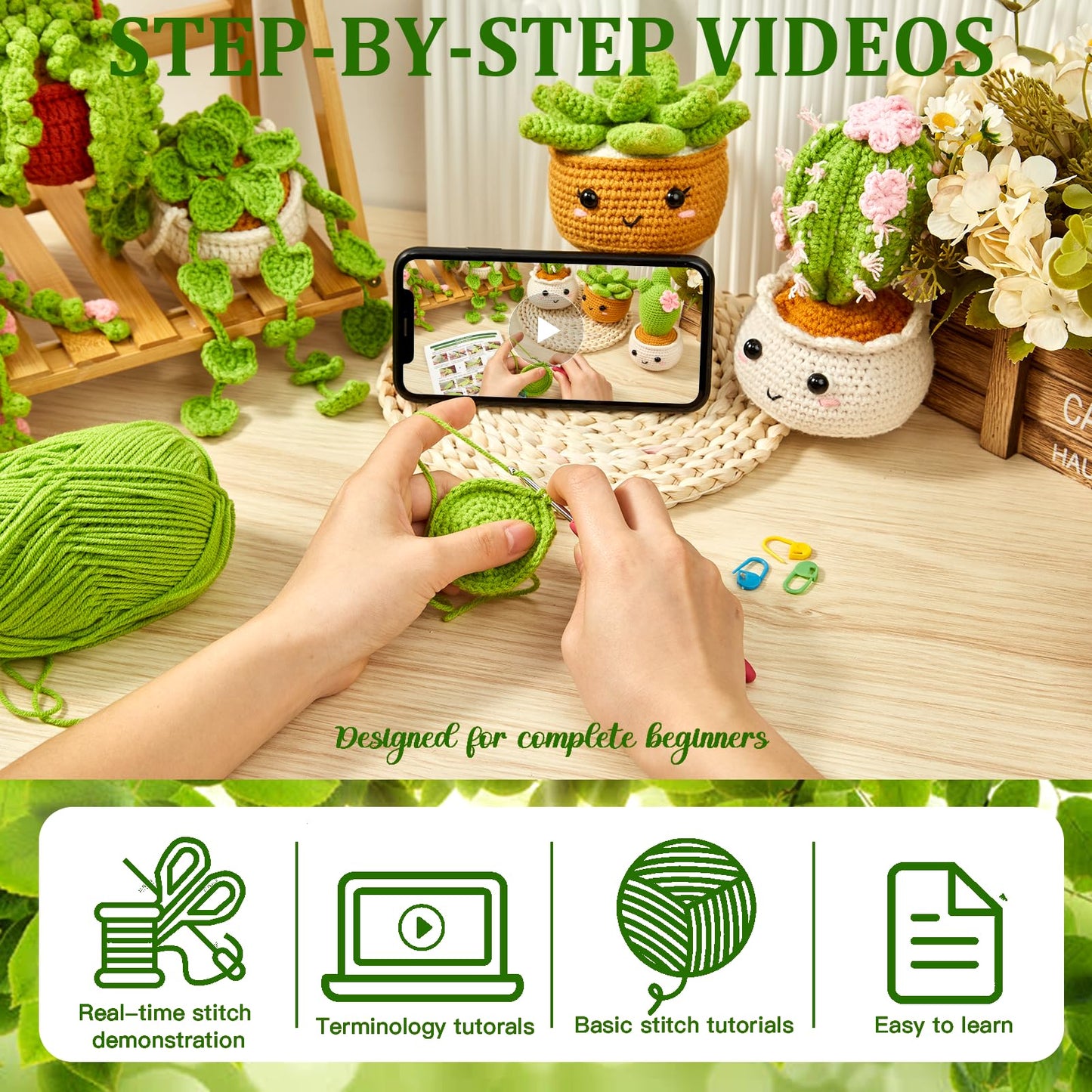 Crochet Kit for Beginners, Crochet Starter Kits for Adults Amigurumi Craft Knitting Crocheting Kits with Step-by-Step Video Tutorials, 6 Pack Hanging Potted Plants Family(40%+ Yarn