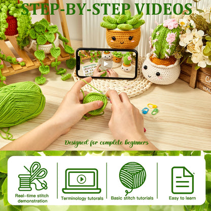 Crochet Kit for Beginners, Crochet Starter Kits for Adults Amigurumi Craft Knitting Crocheting Kits with Step-by-Step Video Tutorials, 6 Pack Hanging Potted Plants Family(40%+ Yarn