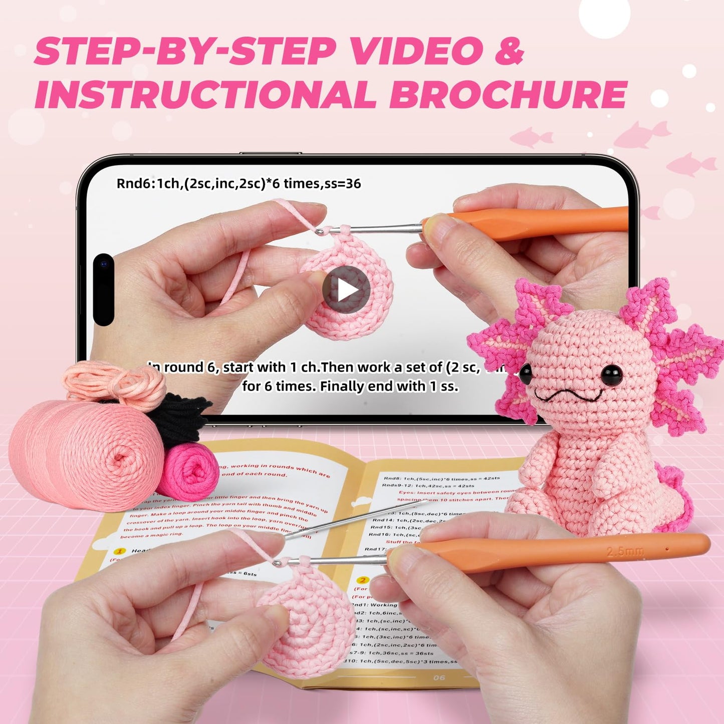 Crochet Kit for Beginners, Crochet Animal Kits,Crocheting Kit for Starters with Step-by-Step Video Tutorials, Beginner Crochet Kit for Adults (Axolotl 1Pack)