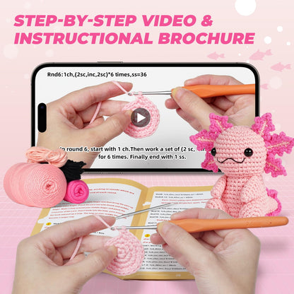 Crochet Kit for Beginners, Crochet Animal Kits,Crocheting Kit for Starters with Step-by-Step Video Tutorials, Beginner Crochet Kit for Adults (Axolotl 1Pack)