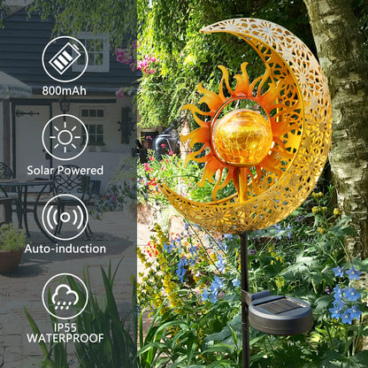 Garden Solar Lights Outdoor Decorative, Sun & Moon Crackle Glass Globe Metal Stake Light, Waterproof Warm White LED Light, Decorations for Pathway Lawn Patio Courtyard Backyard (1 Pack)