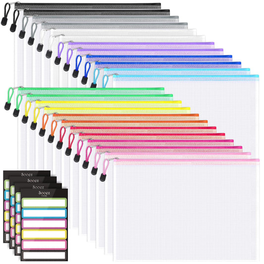 24 Pack Mesh Zipper Pouch with Sticky Labels, A4 Size Mesh Bags for Board Game & Puzzles Organizing Storage, Durable Letter Size File Bags for Office Classroom Organization, 12 Assorted Colors